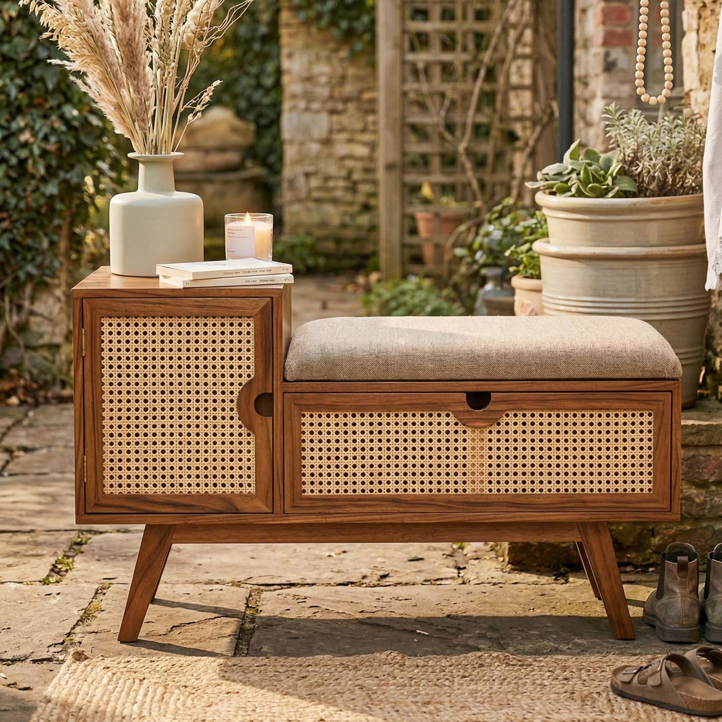 ADOUER WOOD Mid-Century Modern Entryway Bench with Storage – Natural Rattan Shoe Bench with Padded Seat Cushion