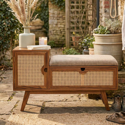 ADOUER WOOD Mid-Century Modern Entryway Bench with Storage – Natural Rattan Shoe Bench with Padded Seat Cushion