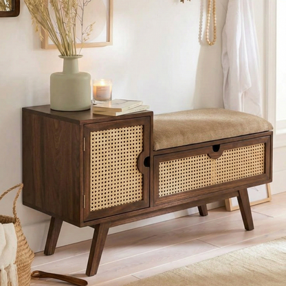 ADOUER WOOD Mid-Century Modern Entryway Bench with Storage – Natural Rattan Shoe Bench with Padded Seat Cushion