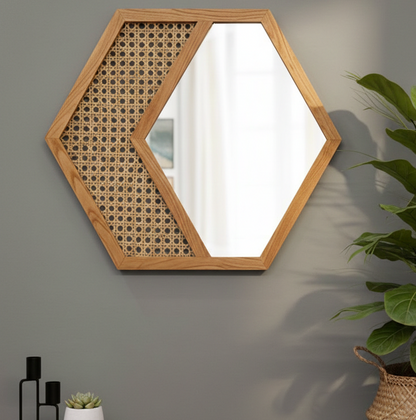 ADOUER WOOD Hexagonal Acacia Wood Wall Mirror with Natural Cane Webbing