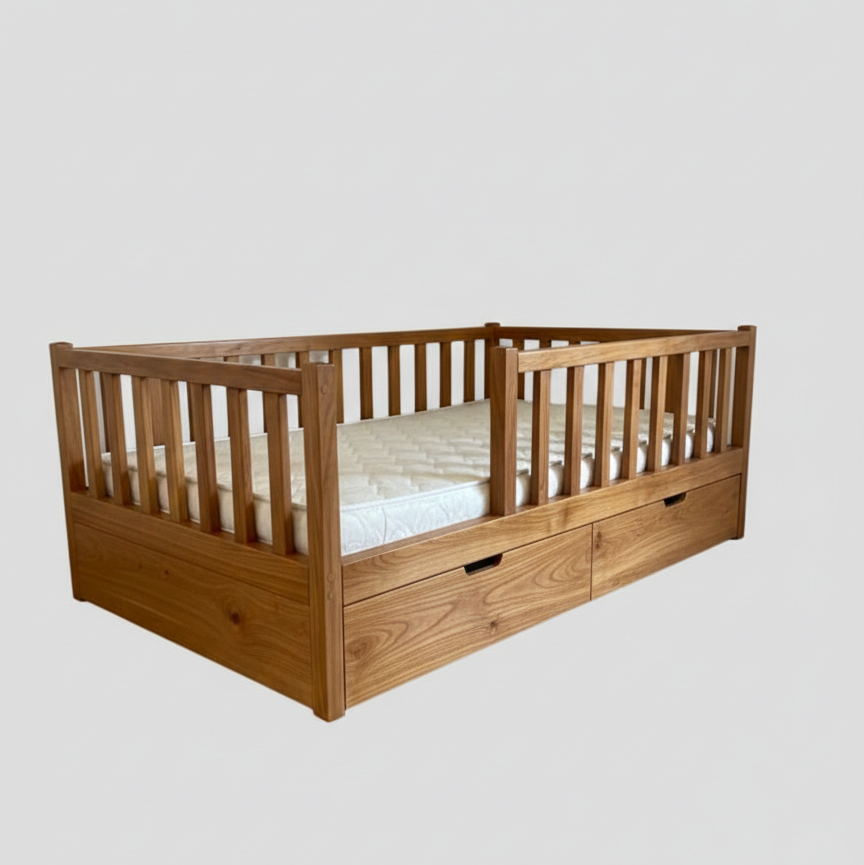 ADOUER WOOD Solid Wood Montessori Floor Bed with Safety Rails and Storage Drawers
