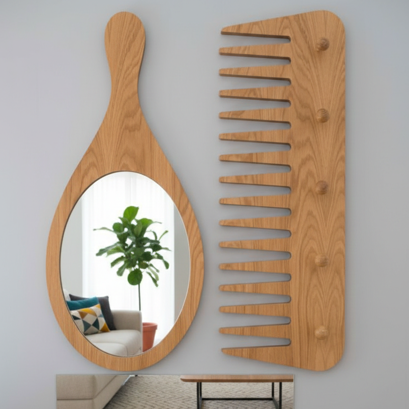 Adouer Wood Giant Mirror & Wide-Tooth Comb Wall Decor Set - Kids' Vanity Mirror