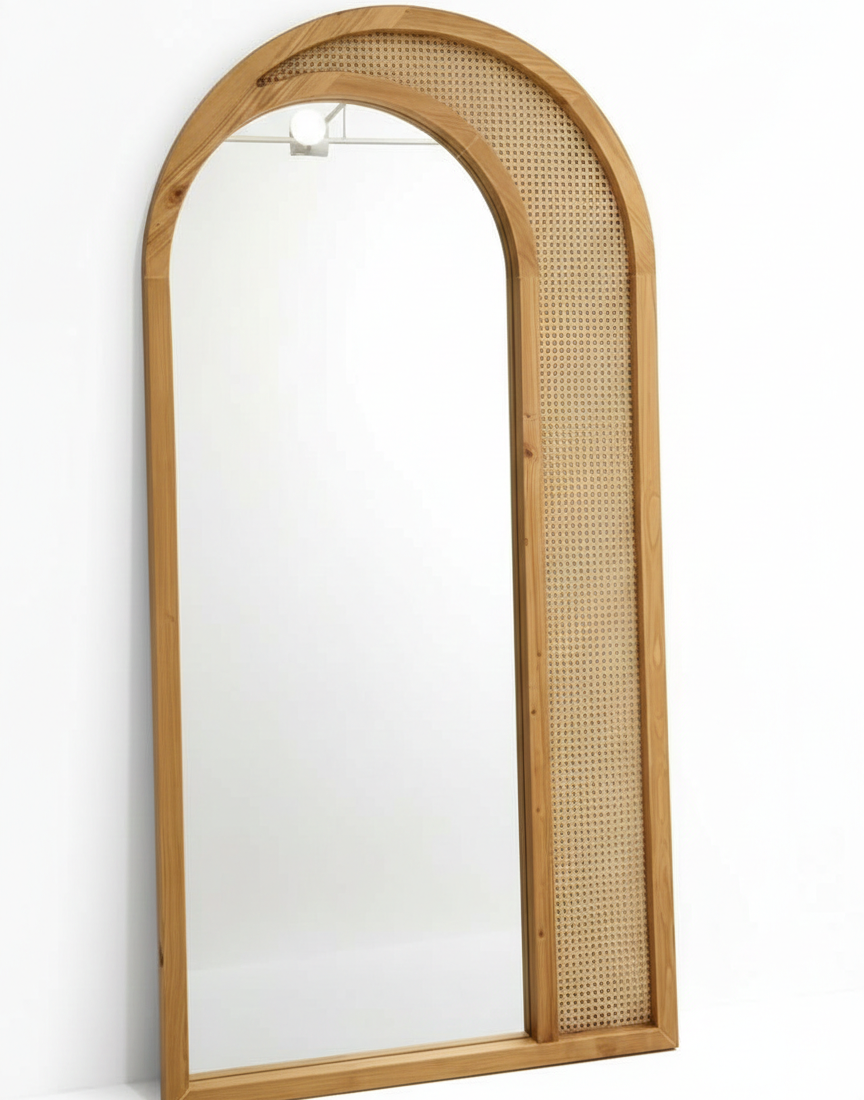 Acacia Wood Arched Full-Length Leaner Mirror with Natural Rattan Cane