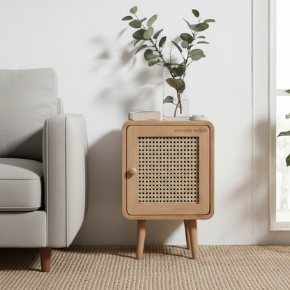 Adouer Wood Mid-Century Modern Rattan Bedside Table Wood Nightstand with Storage Door