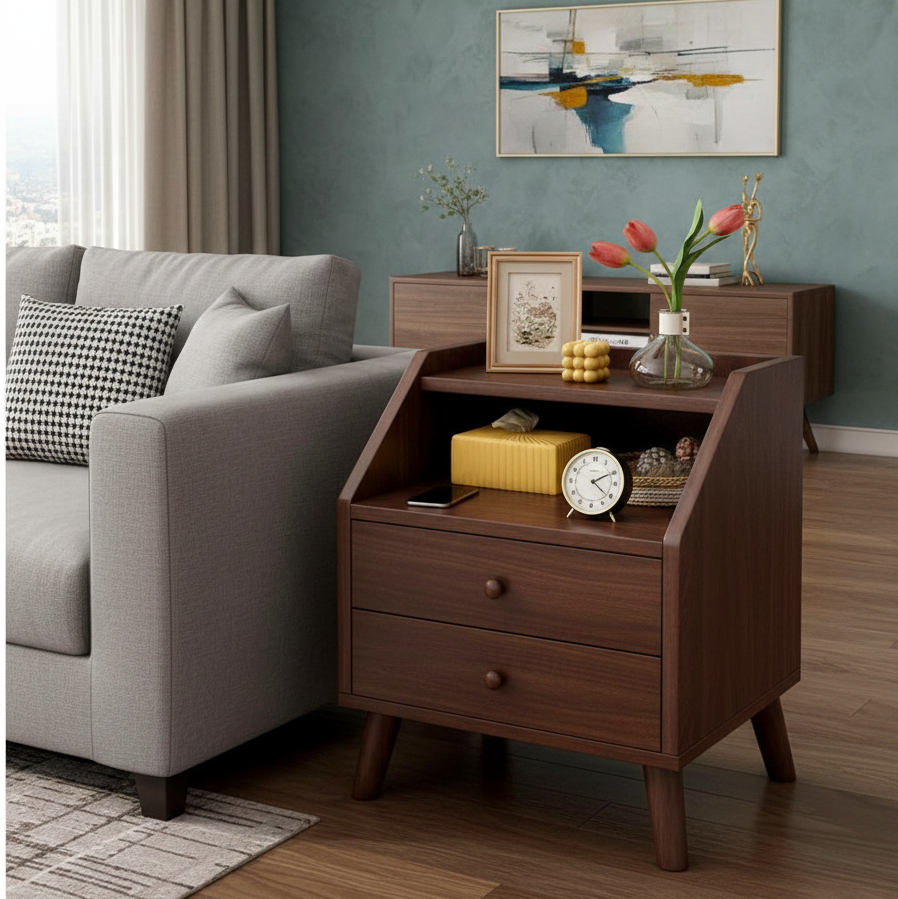 ADOUER WOOD Modern Acacia Wood Bedside Table with Open Drawers and Metal Channels