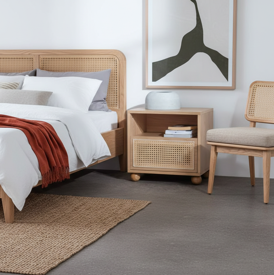 ADOUER WOOD Mid-Century Modern Rattan Bedside Table with Ball Feet