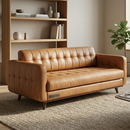 Mid-Century Modern Tufted Sofa - Leatherette Fabric Couch with Tapered Wood Legs