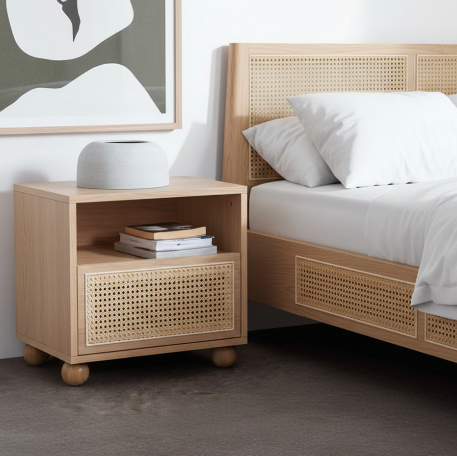 ADOUER WOOD Mid-Century Modern Rattan Bedside Table with Ball Feet