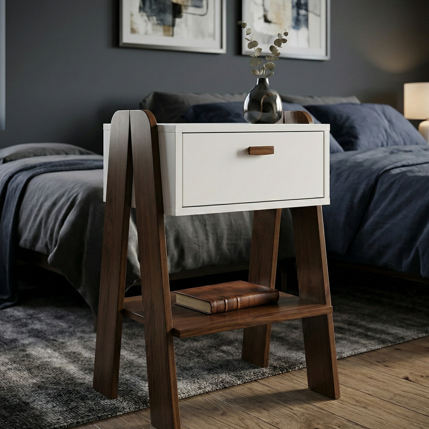 Mid-Century Modern A-Frame Nightstand  End Table with Storage Drawer and Display Shelf