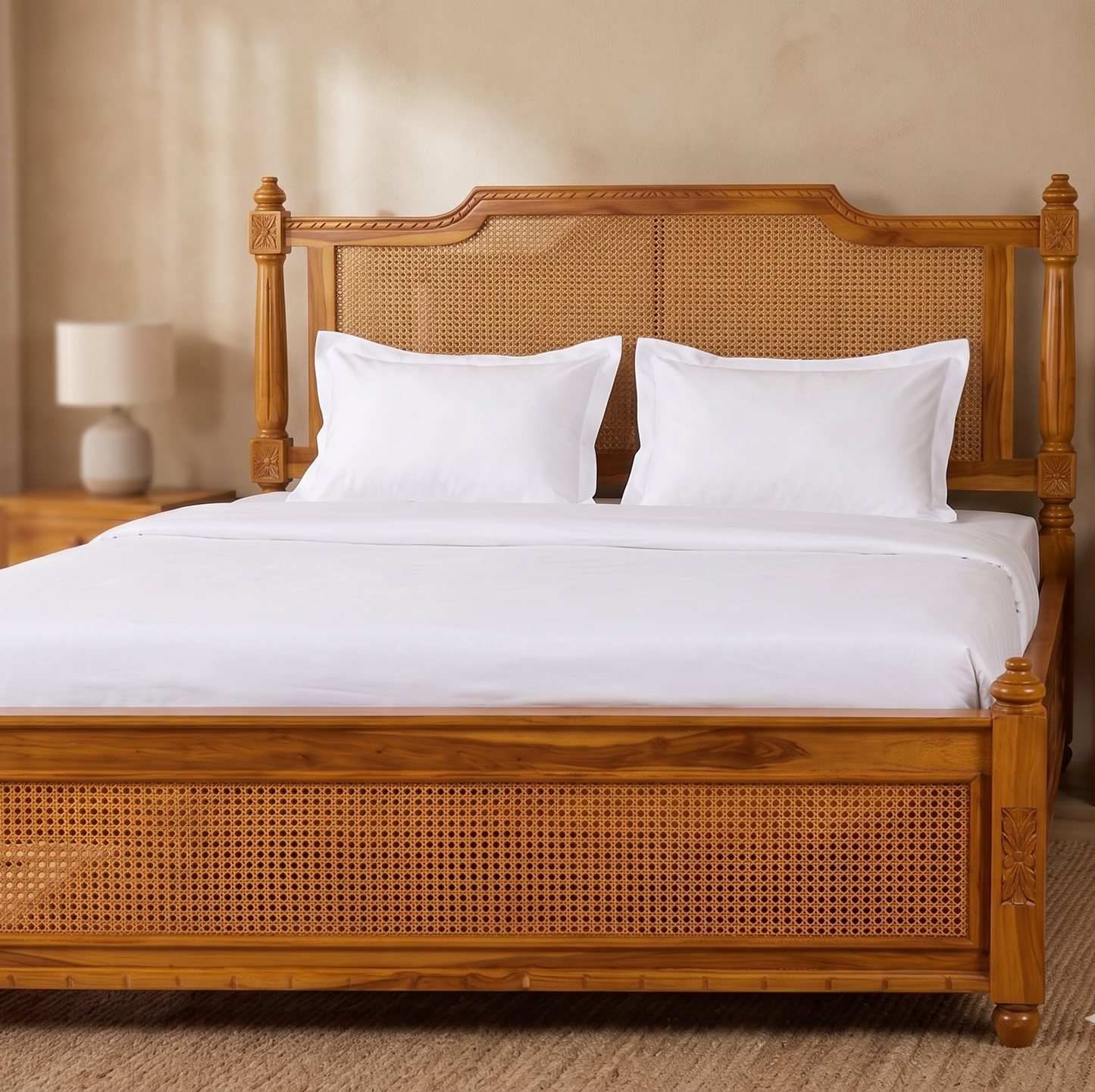 Adouer Wood Premium Sheesham Wood Bed with Cane Backrest | Honey Teak Finish