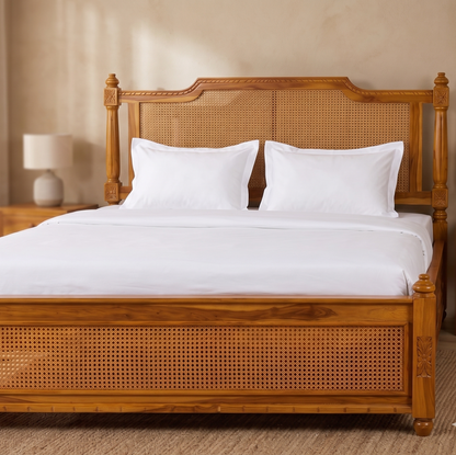 Adouer Wood Premium Sheesham Wood Bed with Cane Backrest | Honey Teak Finish