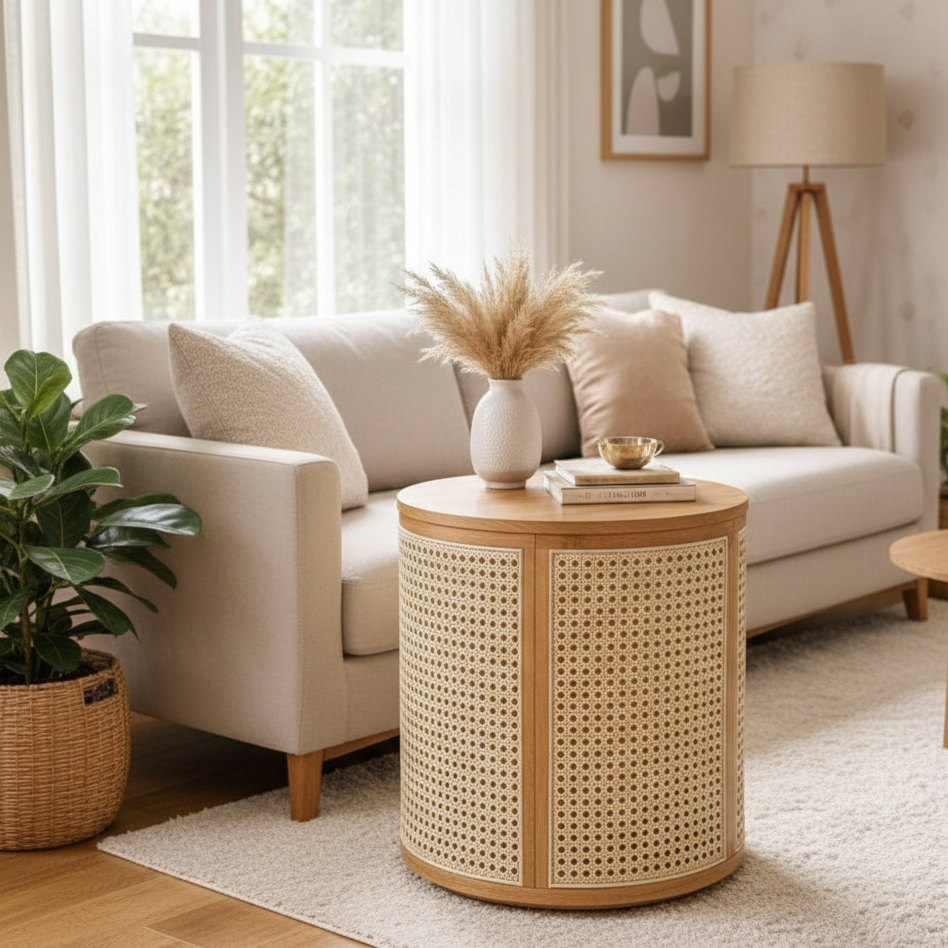 ADOUER WOOD Round Rattan Cane Side Table - Boho Drum End Table with Natural Wood Finish