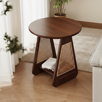 ADOUER WOOD Modern Round Wood Side Table with Rattan Inlay