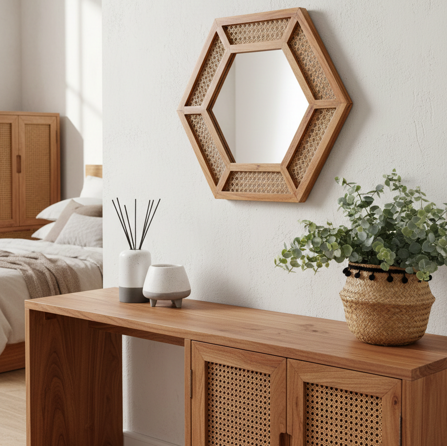 ADOUER WOOD Mirror – 34" Boho Honeycomb Mirror with Rattan Webbing Detail