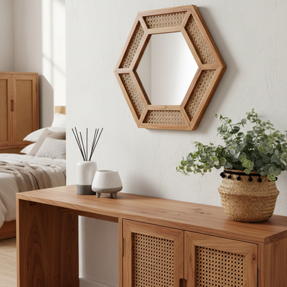ADOUER WOOD Mirror – 34" Boho Honeycomb Mirror with Rattan Webbing Detail