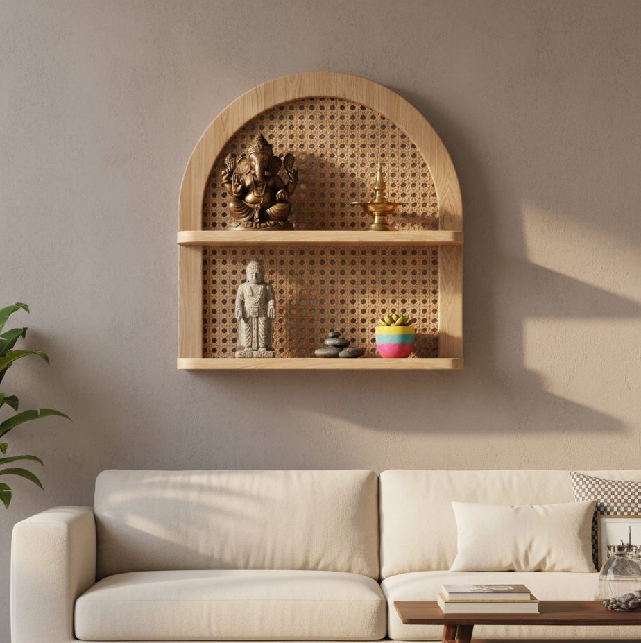 ADOUER WOOD Solid Wood The Arched Rattan Floating Display Shelf