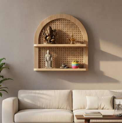 ADOUER WOOD Solid Wood The Arched Rattan Floating Display Shelf
