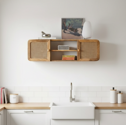 ADOUER WOOD Mid-Century Modern Floating Wood & Rattan Cane Media Console Cabinet