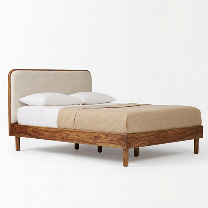 ADOUER WOOD Modern Scandi Solid Wood Bed Frame – Minimalist Upholstered Headboard