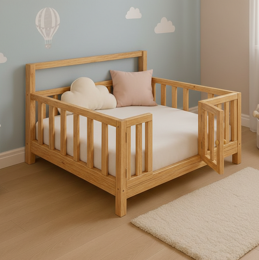 ADOUER WOOD Solid Wood Montessori Floor Bed with Safety Gate – Toddler Transition Cot