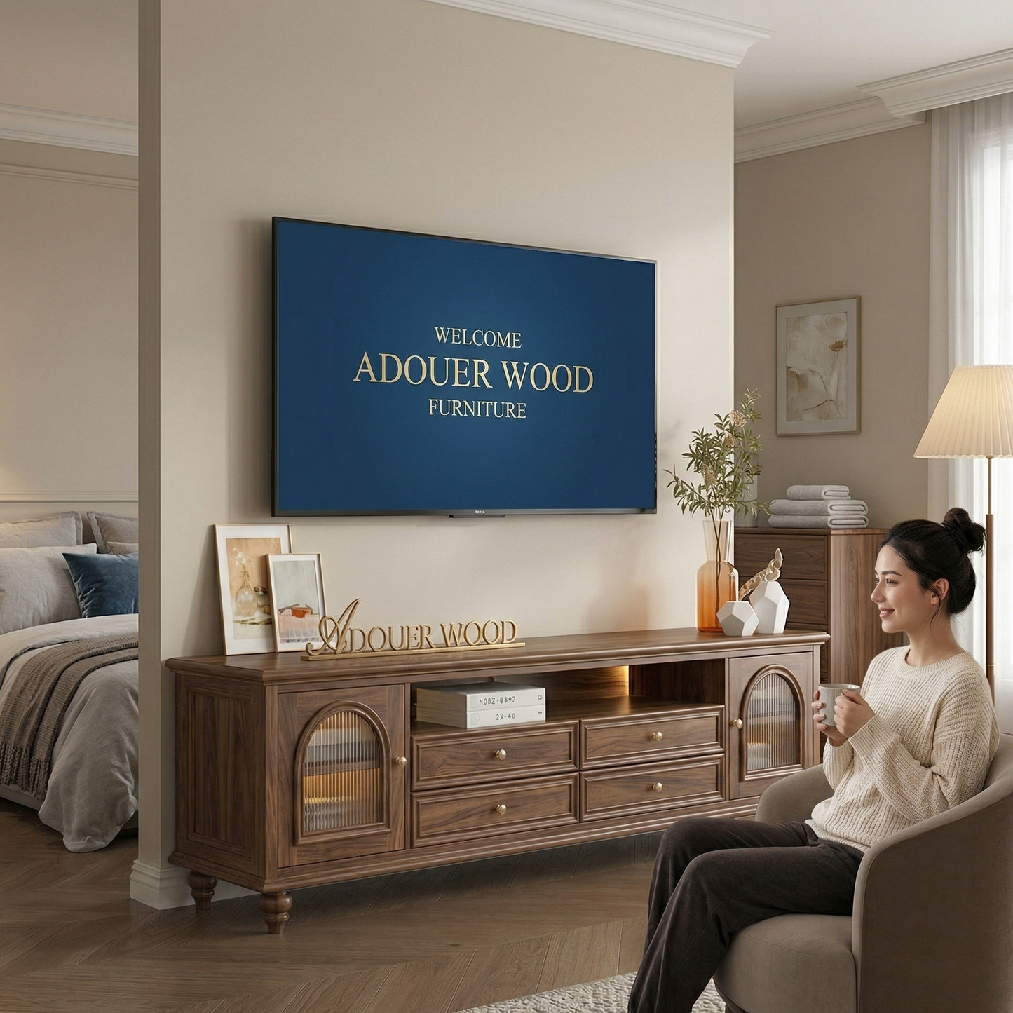 Adouer Wood Solid Walnut Wood TV Stand – 70" Mid-Century Modern Entertainment Center with Acrylic Glass Doors and 4 Drawers