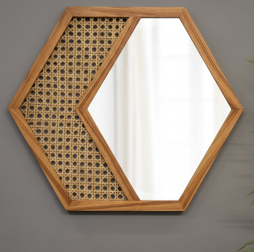 ADOUER WOOD Hexagonal Acacia Wood Wall Mirror with Natural Cane Webbing