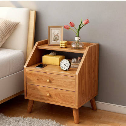 ADOUER WOOD Modern Acacia Wood Bedside Table with Open Drawers and Metal Channels