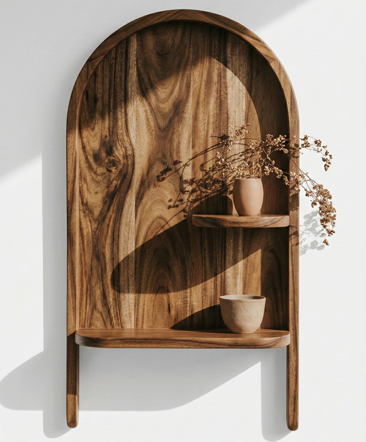 ADOUER WOOD Handcrafted Solid Wood Arched Wall Shelf – Minimalist Floating Niche Display with Tiered Shelving