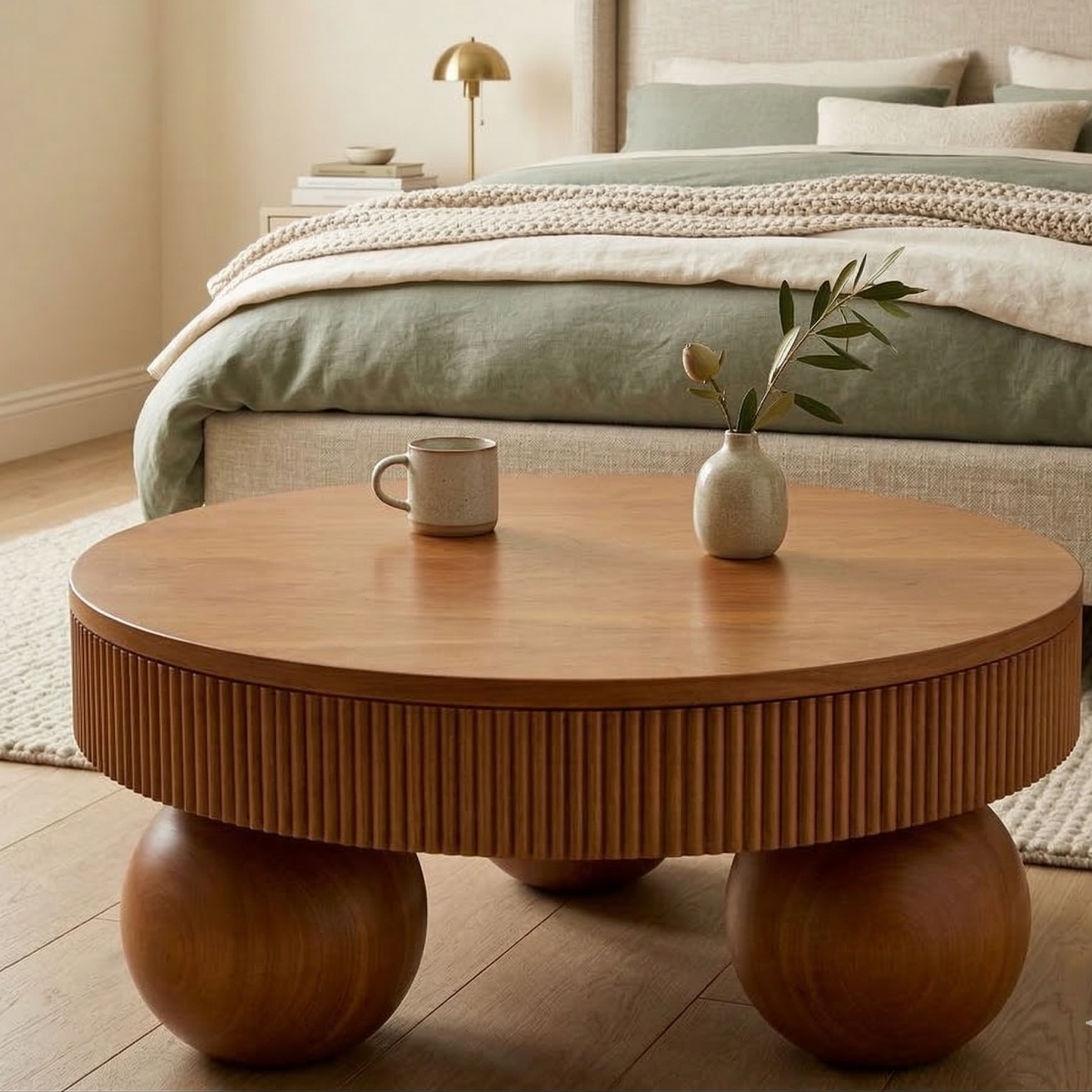 ADOUER WOOD Round Solid Wood Coffee Table with Fluted Detailing and Sphere Ball Legs