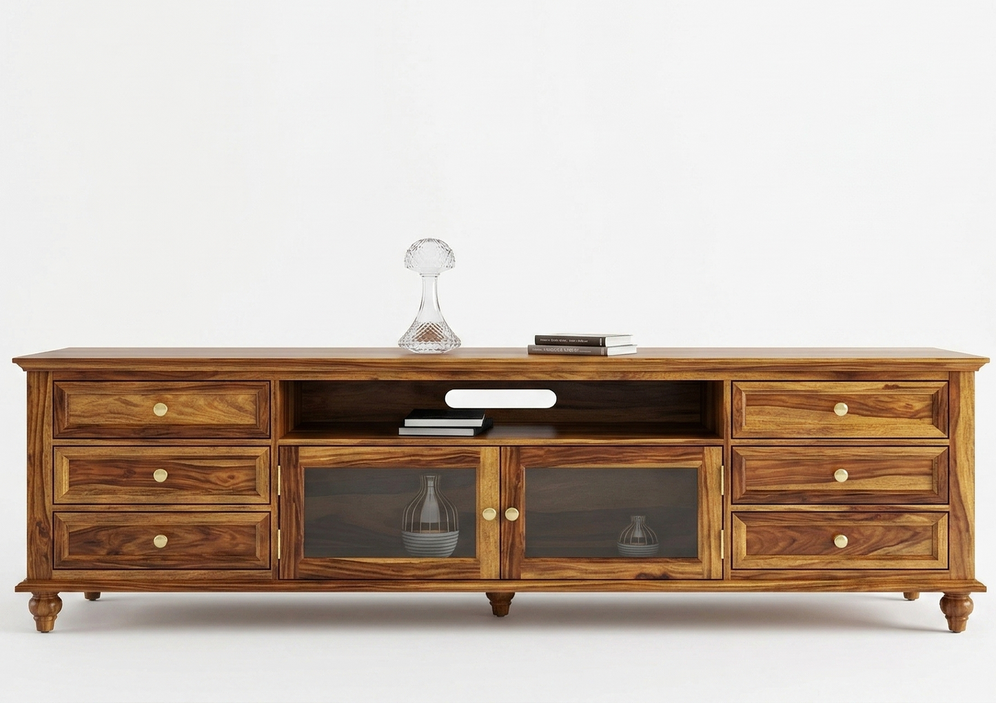 Adouer Wood Solid Acacia TV Console – 6-Drawer Mid-Century Modern Entertainment Center with Fiber Glass Doors