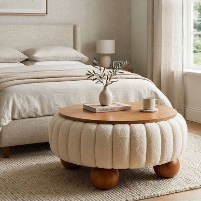ADOUER WOOD Modern Bouclé Round Coffee Table – 2-in-1 Upholstered Ottoman with Solid Wood Top