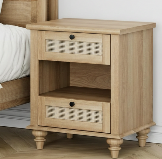 ADOUER WOOD 2-Drawers Nightstand with Rattan Inlay – Mid-Century Modern Bedside Table