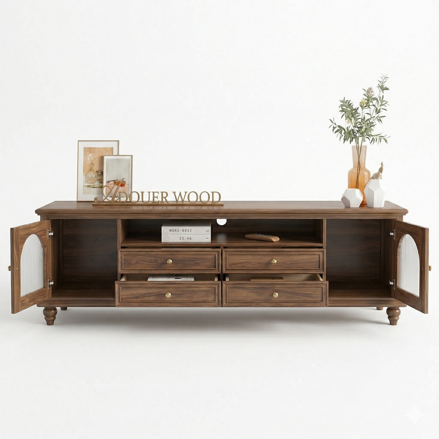 Adouer Wood Solid Walnut Wood TV Stand – 70" Mid-Century Modern Entertainment Center with Acrylic Glass Doors and 4 Drawers