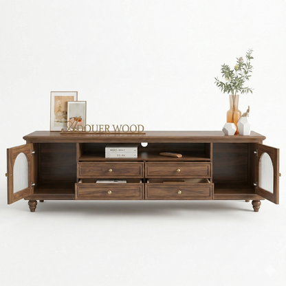 Adouer Wood Solid Walnut Wood TV Stand – 70" Mid-Century Modern Entertainment Center with Acrylic Glass Doors and 4 Drawers
