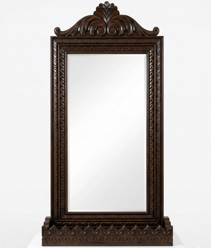 ADOUER WOOD Hand-Carved Solid Wood Full-Length Mirror with Built-in Display Shelf