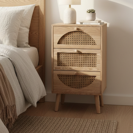 ADOUER WOOD The "Arc & Loom" 3-Drawer Nightstand Solid Wood with Natural Cane Inlay