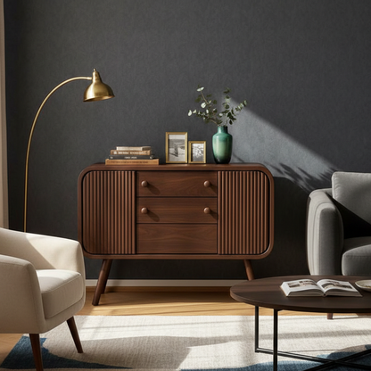 ADOUER WOOD Mid-Century Modern Sideboard – Curved Fluted Buffet Cabinet with 3 Drawers