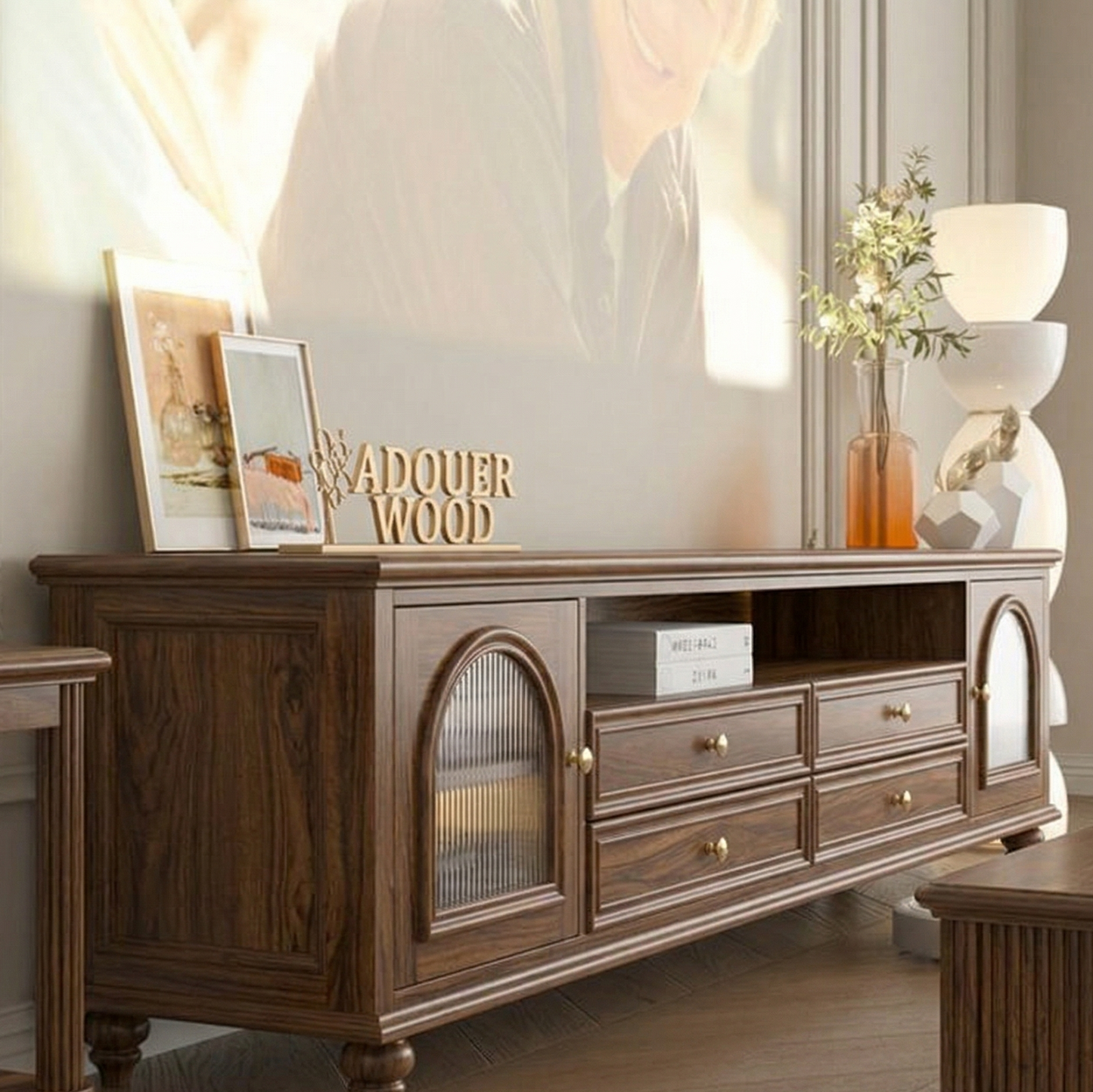 Adouer Wood Solid Walnut Wood TV Stand – 70" Mid-Century Modern Entertainment Center with Acrylic Glass Doors and 4 Drawers