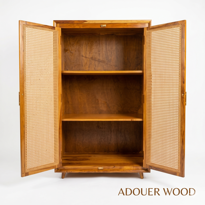 ADOUER WOOD Solid Sheesham Wood 2 Door Wardrobe with Natural Cane Webbing