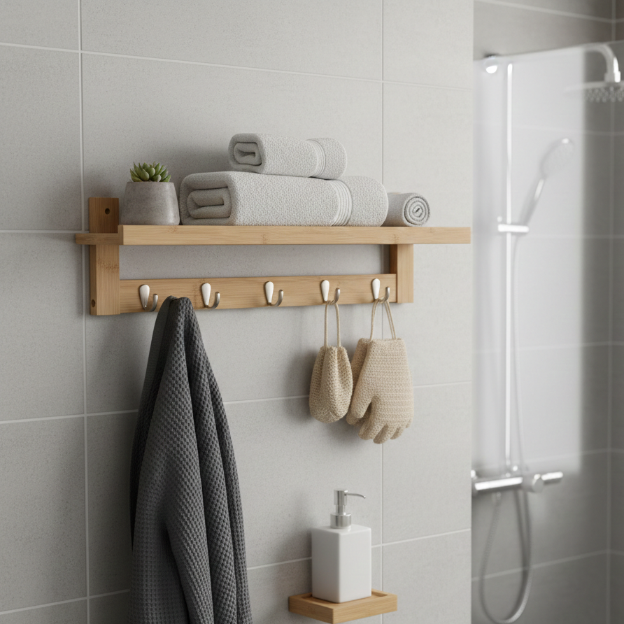 ADOUER WOOD Solid Wood  Wall-Mounted Towel Rack with Floating Display Shelf