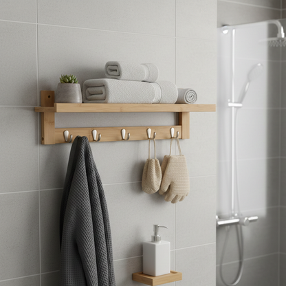 ADOUER WOOD Solid Wood  Wall-Mounted Towel Rack with Floating Display Shelf