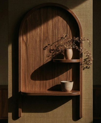 ADOUER WOOD Handcrafted Solid Wood Arched Wall Shelf – Minimalist Floating Niche Display with Tiered Shelving
