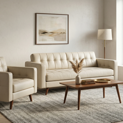 Mid-Century Modern Tufted Sofa - Leatherette Fabric Couch with Tapered Wood Legs