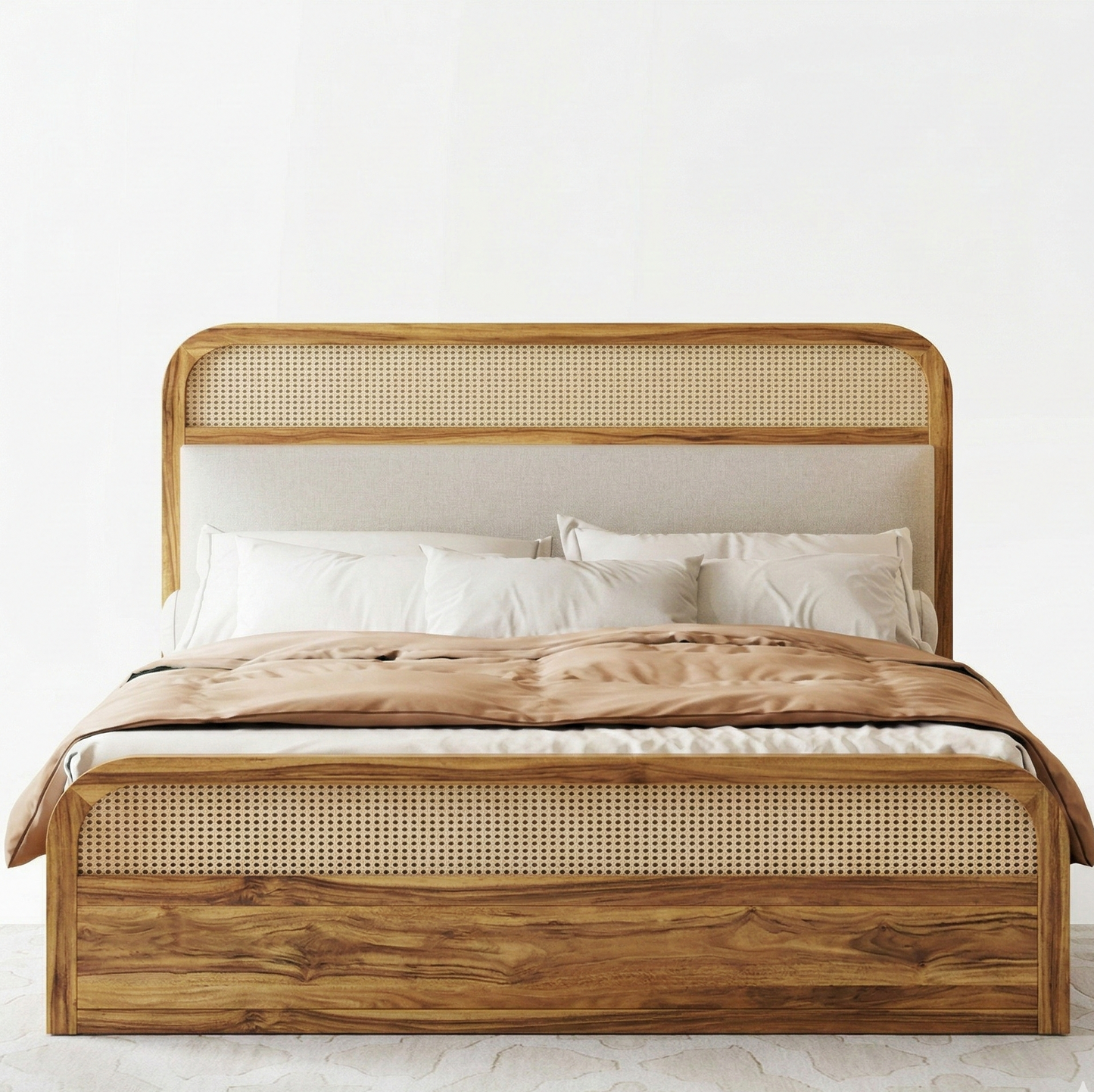 Adouer Wood Solid Wood Bed Natural Rattan Cane Weave & Upholstered Headboard