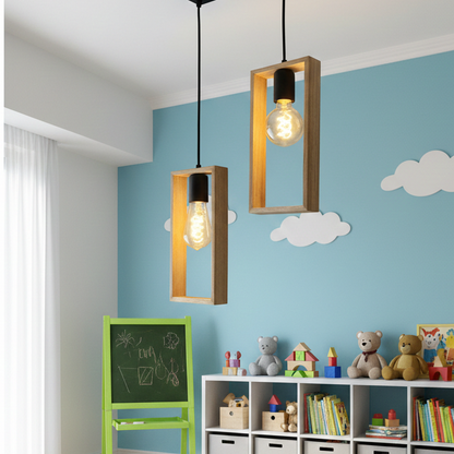 ADOUER WOOD Nordic Style Double Pendant Light Solid Wood Rectangular Frames ( SET OF 2 PCS.)