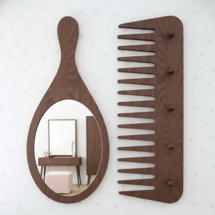 Adouer Wood Giant Mirror & Wide-Tooth Comb Wall Decor Set - Kids' Vanity Mirror