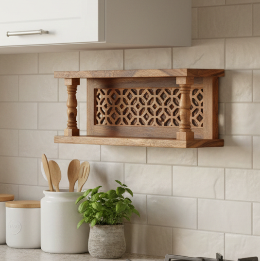 ADOUER WOOD Floating Wall Shelf with Traditional Jali Carving and Turned Pillars