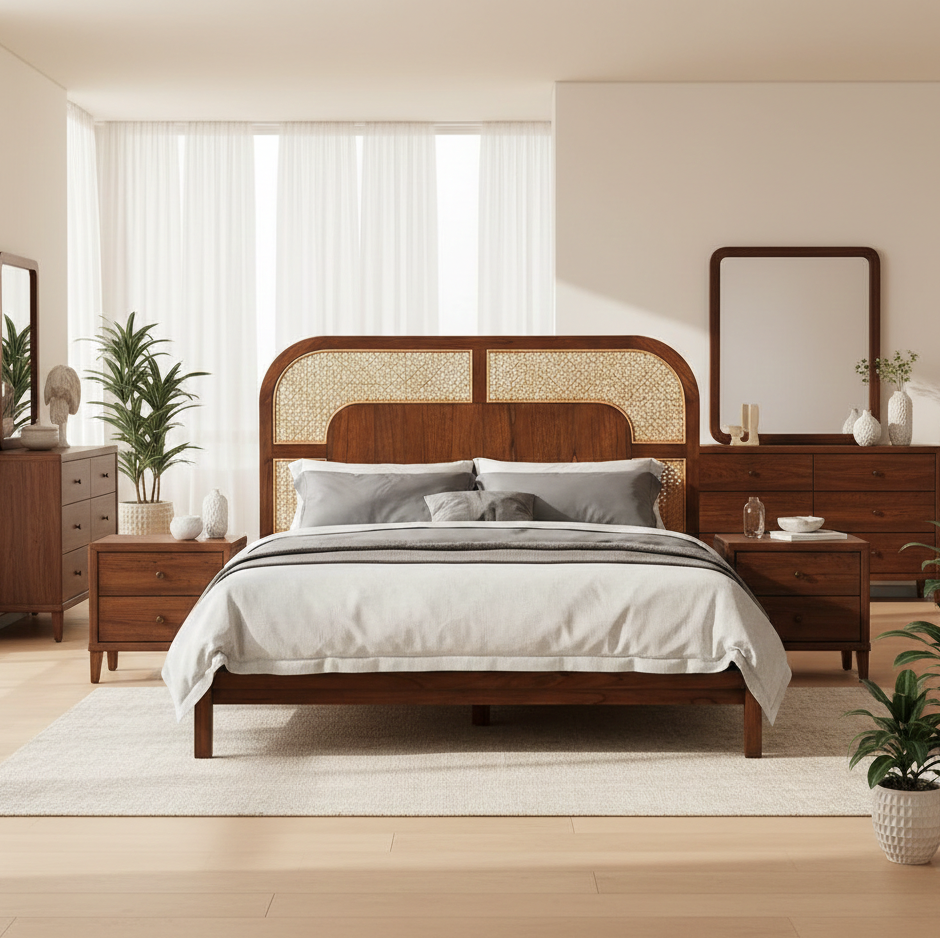 ADOUER WOOD Mid-Century Modern Solid Wood Platform Bed with Woven Cane Arch Headboard