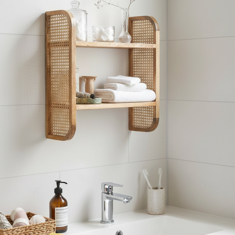 ADOUER WOOD Solid Wood & Rattan Cane Wall Shelf – 2-Tier Bohemian Floating Bookshelf