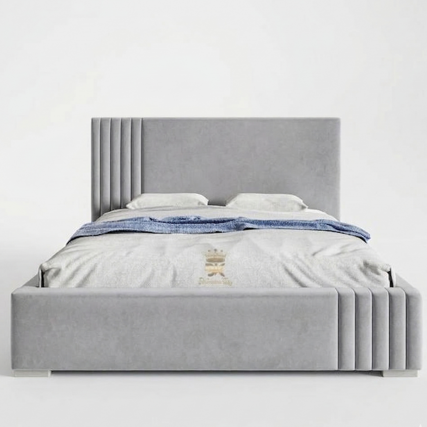 ADOUER WOOD Luxury Fully Upholstered Bed with Asymmetrical Fluted Headboard